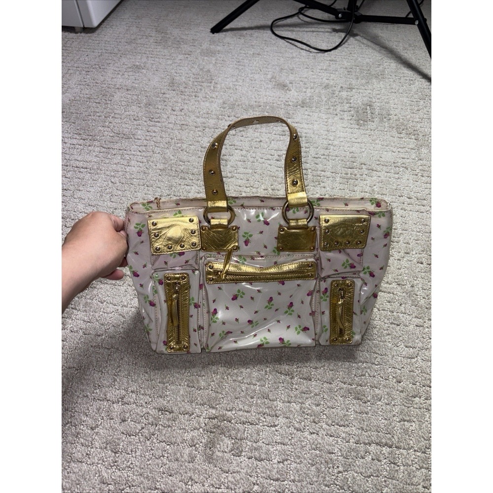 Betsey Johnson Vtg  Plastic Floral Gold Studded Y2K Handbag Purse McBling Rare